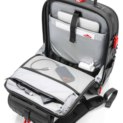 Open Modular X18 Tool Backpack With 21 Loops And 37 Pockets, Waterproof Molded Shell For Upright Opening, showing internal organization.