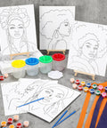 Pre Drawn Canvas Art Kit For Adults Includes 20 Canvases 20 Aprons 20 Palettes And 20 Paints Perfect For Sip And Paint Parties Virtual DIY Birthdays Date Night Gift Ideas displayed with pre-printed canvases and paints