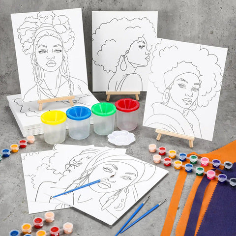 Pre Drawn Canvas Art Kit For Adults Includes 20 Canvases 20 Aprons 20 Palettes And 20 Paints Perfect For Sip And Paint Parties Virtual DIY Birthdays Date Night Gift Ideas displayed with pre-printed canvases and paints