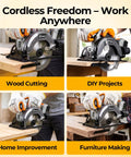 Heavy Duty 20V Cordless Circular Saw Arrives Loaded With Reliable Battery And Plug Pack Pushing A Robust 4500 Rpm No Load Speed, Fluid Bevel Swings, And Dead Center Cuts For Beat The Clock Builds used for wood cutting on a workbench.