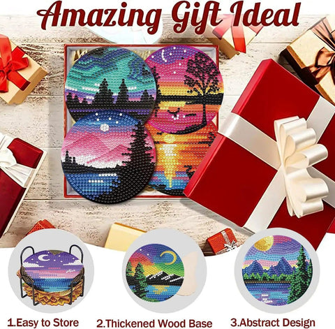 Eight Piece Diamond Art Coaster Kit With Holder Landscape Themed Full Drill Rhinestone Coasters packaging and design