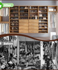 Top Shelf Wall Mounted Wood Closet Organizer With Double Hanging Rods And Flexible Diy Build For Keeping Your Duds Tidy, before and after images.