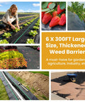 6 Ft By 300 Ft Heavy Duty Yard Work Ready Weed Barrier Fabric With 3.2 Oz Landscape Material and 20 U Shaped Staples shown in use in gardens and construction sites.