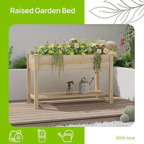 Raised Wood Planter Box On Legs With Storage Shelf For Vegetables Flowers And Herbs Outdoor Garden Bed For Backyard Patio Or Balcony Easy Setup No Fuss Assembly Natural Finish 48x24x30.7 Inches