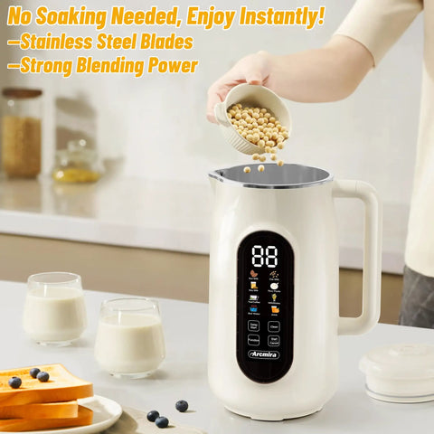 Person pouring soybeans into 10 In 1 Automatic Nut Milk Maker With 42 Oz Capacity For Almond Soy Oat And Plant Based Milks And Juices Dairy Free Beverages With LED Panel Delay Start Keep Warm And Self Clean, on kitchen counter with glasses of milk.