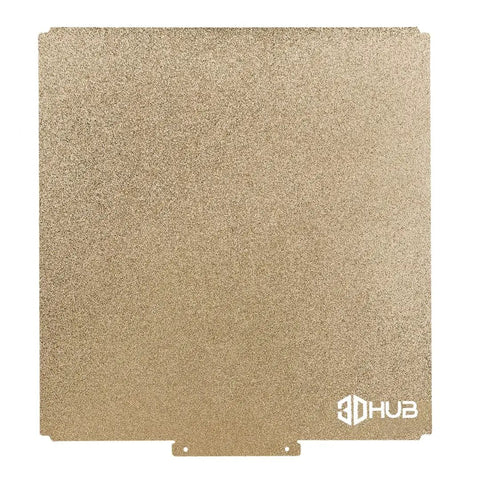 Precision Fit Double Sided Pei Spring Steel Print Bed For Raise3D Pro3 And Pro3 Plus 3D Printers Featuring Slick Smooth Surface And Dead Simple Removal Measuring Three Forty Seven By Three Sixty Seven, showing the smooth gold surface.