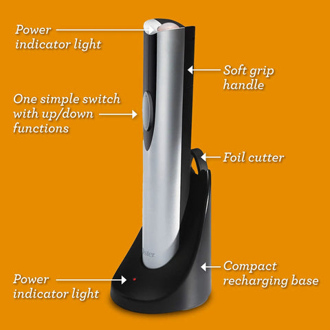 Cordless Electric Wine Opener With Automatic Cork Extractor And Precision Foil Cutter With Rechargeable Base on charging base with power indicator.