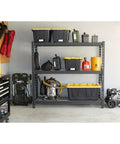 Robust 3 Tier Steel Shelving Rack With 6000 Lb Heavy Duty Capacity For Garage And Warehouse Storage features bins and tools organized on its tiers.