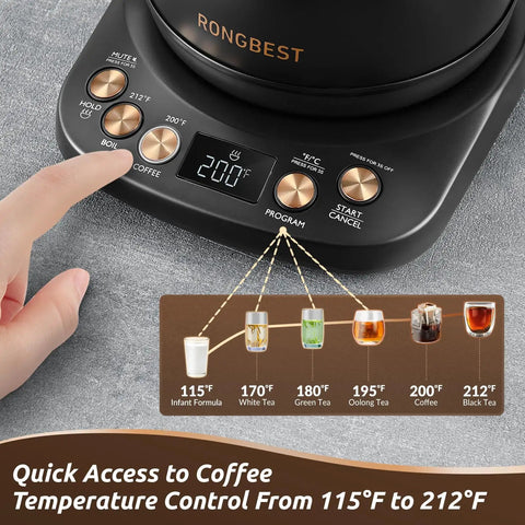 Close-up of Gooseneck Electric Kettle 1L with Six Temperature Presets shown on control panel with 1200W fast heating showcase