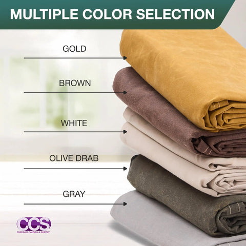 Stack of various colored waterproof waxed canvas tarp covers, including gold, brown, white, olive drab, and gray.