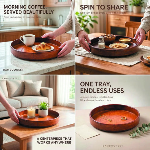 12 Inch Bamboo Lazy Susan Turntable For Kitchen Pantries Delivers Slick 360 Spin To Keep Condiments Grabbed Instantly in use with food.