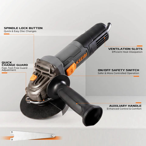 No Nonsense 4-1/2 Inch Angle Grinder 7 Amp 12000 Rpm Built Tough with quick change guard and auxiliary handle for control.