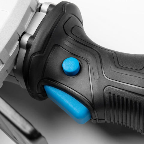 Close-up of No Nonsense 18V Brushless Cordless Circular Saw grip with blue buttons and textured rubber for comfort.