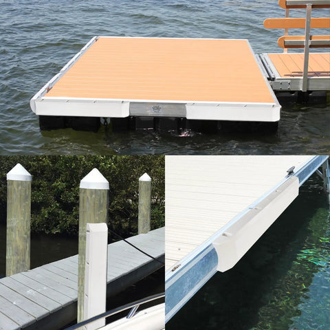 Marine Grade Boat Dock Bumpers for Edge and Piling Posts Dock Fenders in use with straight edges and vertical pilings.