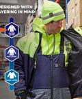 Man wearing Heavy Duty Insulated Freezer Jacket Tailored To Brutal Cold Storage Jobs, demonstrating layering with fleece and shell.