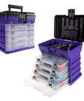 Durable 4 Drawer Tool Box With 19 Compartment Organizer, purple utility chest, top tray open showing tools inside, for home garage workshop