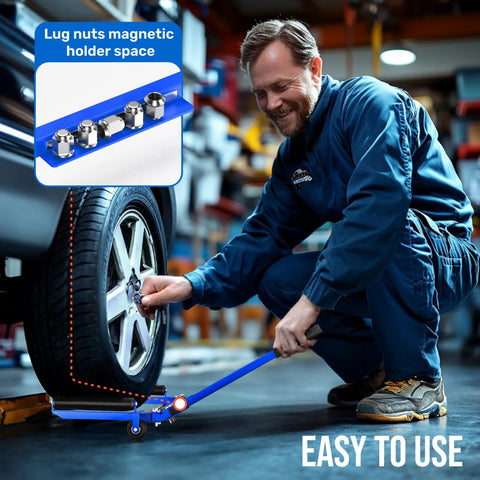 Man using a Foldable Adjustable Tire Dolly Ready To Roll Straight From The Box With Two Forty Pound Load Capacity.