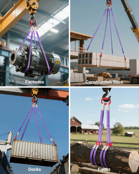 Two Pack Two Leg Lifting Slings With Hooks, 4400 Lb Capacity Heavy Duty Polyester Rigging Straps in various industrial settings