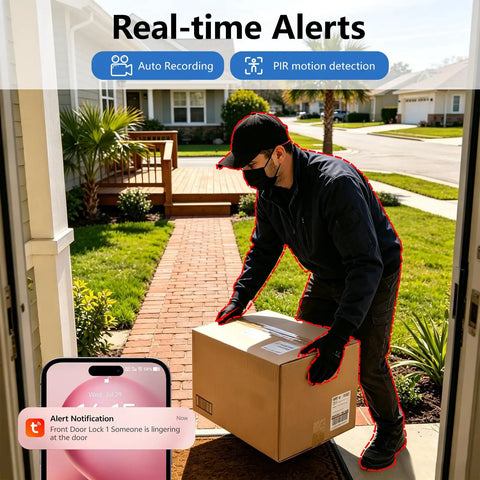 Wifi Video Doorbell Smart Lock Featuring Eight Keyless Methods showing delivery person at the door with package, smartphone notification.