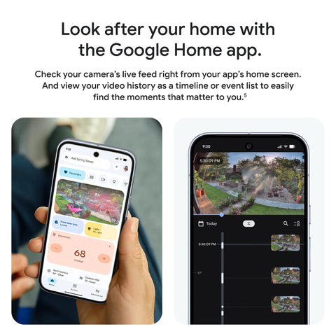 Smartphone displaying live feed and timeline of Nest Outdoor Security Camera Wired 2nd Gen With 2K HDR Video And Gemini AI Night Vision.