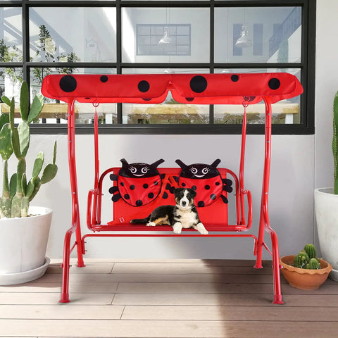 Two Seat Porch Swing With Adjustable Canopy And Stand, Kid Friendly Outdoor Swing Bench in red with dog and ladybug pillows