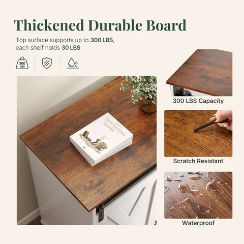 Slick Farmhouse TV Stand For 65 Inch Flat Screen Television Featuring Smooth Sliding Barn Doors And Creamy Milk White Finish Solid Build Media Console With Dope Organization For Chill Living Room Setups showcasing thickened durable board surface with scratch resistant and waterproof features.