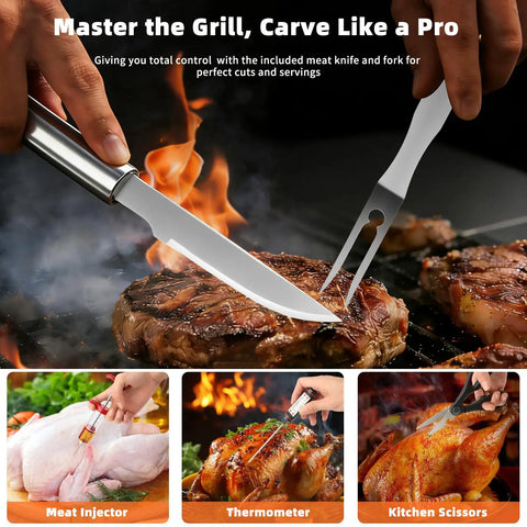 Using 32 Piece Heavy Duty Stainless Steel BBQ Grill Tool Set With Case Including Spatula, Tongs, Fork, Knife on grilled meat