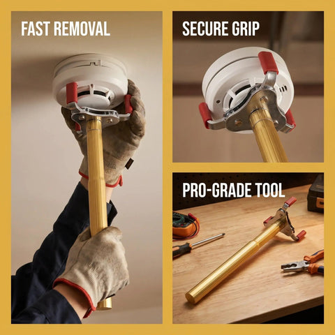 Image showing Dead Simple Smoke Transducer Assembly Kit for high ceiling sensor removal with secure grip and aluminum design.