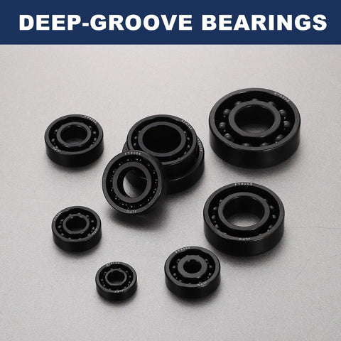 2 Pcs 6303 Deep Groove Ball Bearings Chrome Steel 16.8 By 47 By 14 mm shown in various sizes on silver background.
