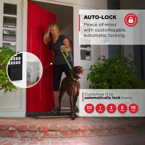 Built Heavy Duty Keyless Entry Electronic Keypad Deadbolt With Auto Lock Mode And Custom User Codes In Matte Black Contemporary Finish for secure home access by a woman and dog.