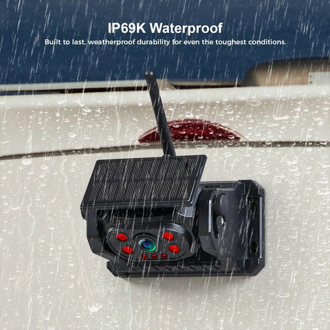 Dual Wireless Backup Cameras With 7 Inch HD 1080P Monitor 15000mAh Battery Magnetic Waterproof Solar camera with solar panel under rain.