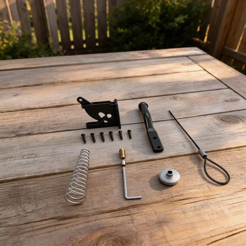 Heavy Duty Reliable Solid Carbon Steel Automatic Gravity Gate Latch With Self Locking Spring Catch For Driveway Man Gate parts on wooden table.