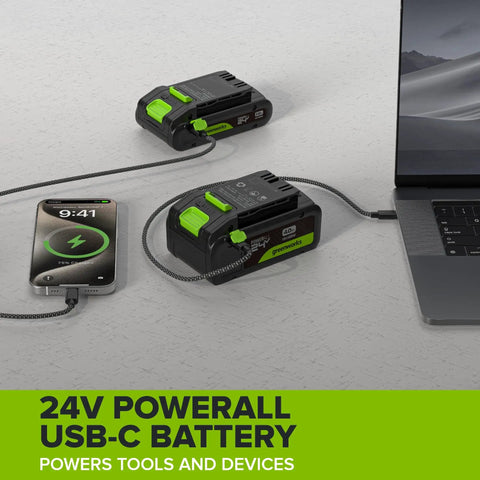 Gnarly 24V Brushless Cordless Impact Driver With Badass 1950 Inch Pound Torque And Fast Swap Hex Collet Two Point Zero Amp Hour Battery Paired With Lightning Fast Usb Charger And Reinforced Braided Cable Built Tough, showing USB-C batteries powering a phone.
