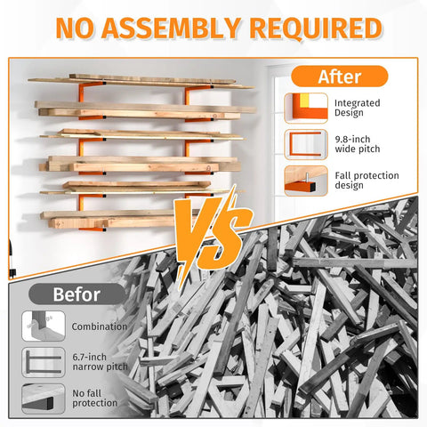 Heavy Duty 6 Tier Wall Mount Lumber Storage Rack displaying integrated design and wood boards, with clear before and after comparison.
