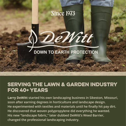 Gardener in boots with shovel in soil, promoting DeWitt's Heavy-Duty Weed Barrier Fabric for landscaping.