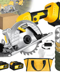 5 Inch 21V Cordless Circular Saw With Two Batteries And Eight Blades In A Rugged Carry Kit For Smooth Miter Cuts And Framing Tasks That Handle Stubborn Cuts With Hardcore Ease Daily, featuring saw, batteries, and carry case.