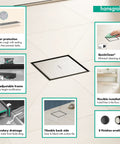 Square Tileable Shower Drain Set With Brushed Stainless Steel Construction And Flush Floor Mount Design For Modern Bathrooms, shown in bathroom with adjustable frame.