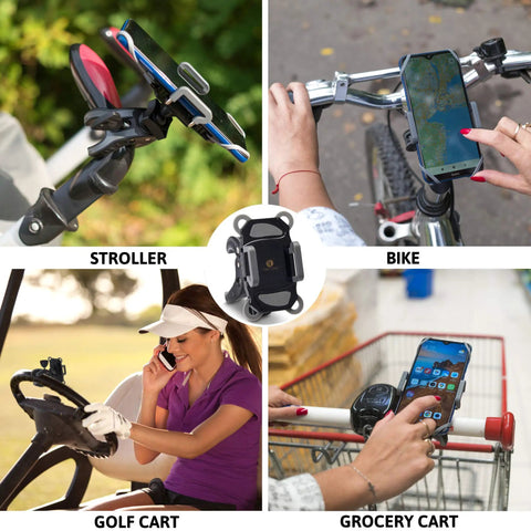 Universal Phone Mount For Strollers Bicycles Golf Carts Shopping Carts And More shown in stroller, bike, golf cart, grocery cart.