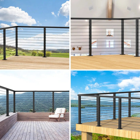 Heavy Duty 36 Inch Stainless Steel Cable Railing Corner Post Featuring 90 Degree L Drilled Holes For Clean Lines And Easy As Pie Assembly Matte Black Finish used on outdoor deck with views.