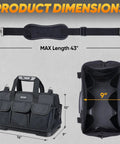 Heavy Duty Tool Bag Packed With Multiple Pockets And Portable Organizer For Tools, Adjustable Shoulder Strap, Ergonomic Handle, Black 16 Inch Molded Base, Grab And Go For Any Job Site, showing dimensions and strap.