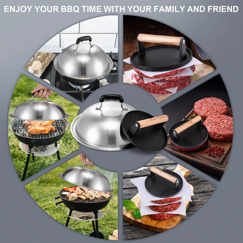 7 Inch Cast Iron Smash Burger Press Kit With 12.5 Inch Heavy Duty Griddle Dome And Patty Papers for hamburgers on grill