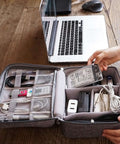 Hella Organized Travel Case For Small Electronics And Usb Charging Gear Including Phone Cables Mouse Sd Cards Power Bank Earphone Bag with open compartments and cables.