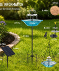 Sun-Powered Bird Bath Fountain With External Solar Panel And Copper Cleaner, Self-Cleaning Outdoor Water Feature For Non-Stop Cascade, Hanging Or Stake Mount, Blue Hummingbird Garden Decor with measurements displayed.