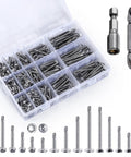 Hardcore Boss Grade 440 Piece 410 Stainless Steel Self Tapping Screw Assortment Kit For Sheet Metal Flat Big Flat Hex Head Rustproof Pro Hardware Combo Silver Finish in clear storage box.
