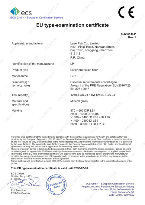 EU type-examination certificate for Built Tough Laser Safety Glasses With Broad 870 To 11000Nm Range And OD4 Plus Optical Density.