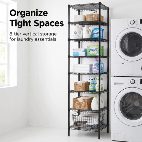 Heavy Duty 8 Tier Wire Shelving 18x18x78.8 Inches Adjustable Metal Storage Rack Built Legit Tough With Thickened Steel Tubes Super Sturdy For Any Home Or Office NSF Certified Black displaying laundry essentials.