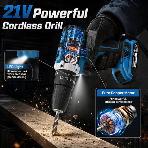Tough As Nails 21v Cordless Drill Driver Kit With Two Batteries And Five Cleaning Brushes Fifty Nm Torque Garage Ready Heavy Duty Workhorse For Serious Home Repair, showing LED light and copper motor.