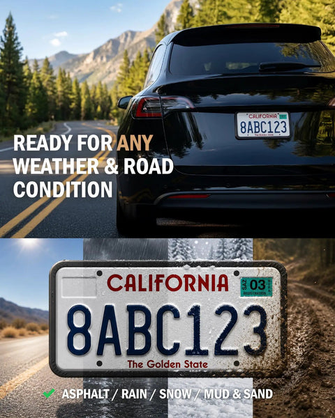 Heavy Duty Silicone License Plate Frame Set In Matte Black Fits Every US Ride Rust Proof And Storm Ready Two Pack showing license plate on car.