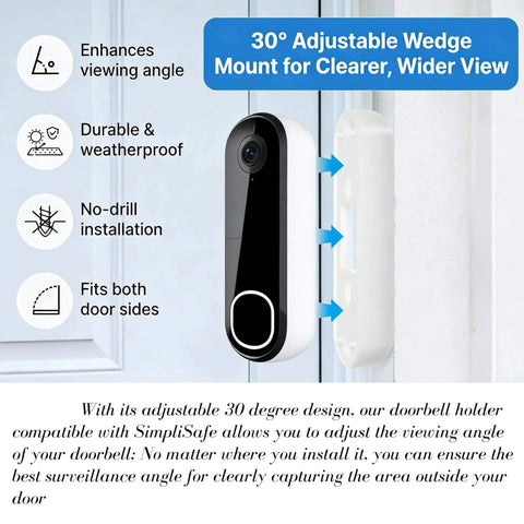 Video Doorbell Wedge Mount Bracket Compatible With SimpliSafe 30 Degree Adjustable Angle White No Fuss Wall Mount With Included Screws Keeps Doorbell Tilted For A Clear View Of Visitors And Packages installed on wall with camera