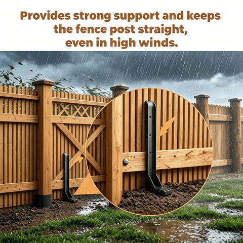Heavy Duty Steel Fence Post Repair Kit 4 Pack Quick Fix For Leaning 4X4 And 6X6 Wood Posts Outdoor Yard Anchor Stakes in rain.